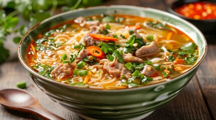The national cuisine of Thailand. Soup with noodles and pork. 