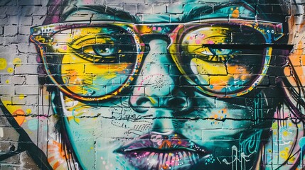Vibrant Urban Street Art Mural Featuring Colorful Portrait with Glasses on Brick Wall