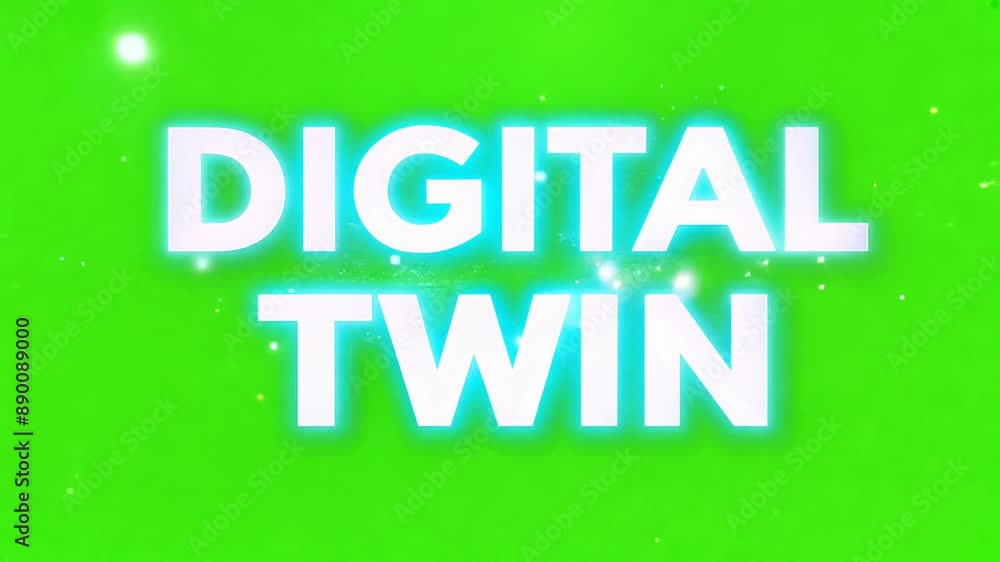 Poster digital twin words on green screen with particles. ideal for technology and innovation concepts.
