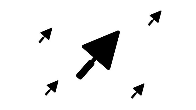 Zoom in and out animation the trowel symbol. Large black symbol in the center and four small symbols around. Seamless looped 4k animation on white background
