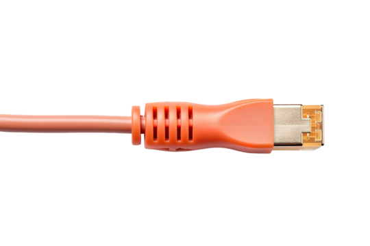 A Close-Up of an Orange-Sheathed Network Cable Connector on a Clear PNG or White Background.