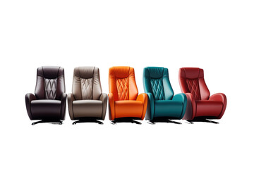 Fototapeta premium Modern leather recliner chair set, colorful lounge armchairs in brown beige orange teal red, furniture PNG for interiors isolated on Transparent Background