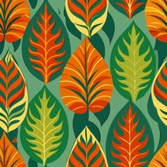 seamless pattern of tropical leaf ogee shapes in a tropical color palette of greens and oranges, Generative AI