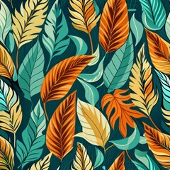 Fototapeta premium seamless pattern of tropical leaf ogee shapes in a tropical color palette of greens and oranges, Generative AI