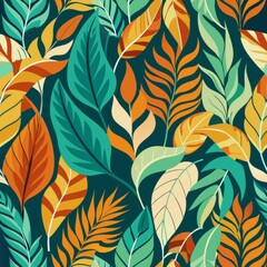 seamless pattern of tropical leaf ogee shapes in a tropical color palette of greens and oranges, Generative AI