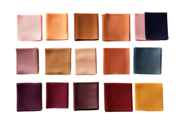 A Palette of Fabric Swatches in Warm Earthy Hues on a Clear PNG or White Background.
