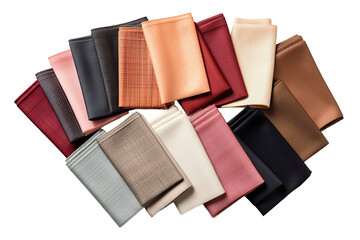 A Symphony of Textures: A Collection of Fabric Swatches in Warm, Earthy Tones on a Clear PNG or White Background.