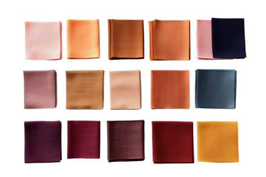 A Palette of Fabric Swatches in Warm Earthy Hues on a Clear PNG or White Background.
