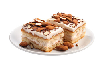Almond Delight: Two Decadent Cake Slices on a Delicate Plate on White or PNG Transparent Background.
