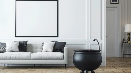 Stylish wall frame mockup with a creepy witch's cauldron in a sophisticated, high-end living room.