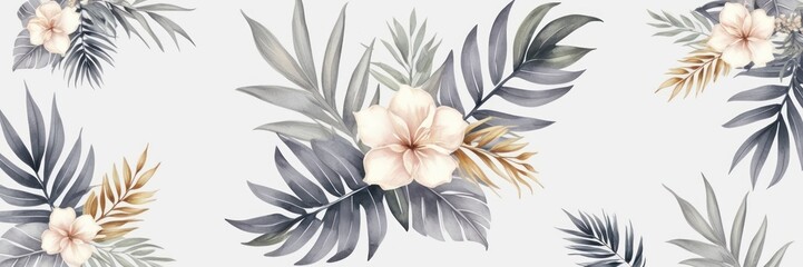 Elegant floral arrangement featuring delicate flowers and tropical leaves on a white background. Perfect for nature-inspired designs and decor.