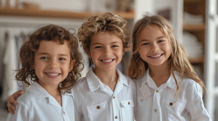 Children showcase pristine new uniforms, ready for school.
