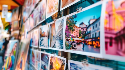 A vibrant display of printed photographs hanging on a wall for an exhibition on World Photography Day.