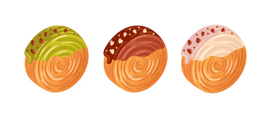 Croissant roll set, roundsan. Cromboloni, Coin, round croissant, covered with icing. bomboloni, filling with chocolate, pistachio and strawberry. New York dessert. For bakery shops, cafes, restaurants