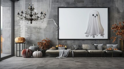Stylish wall frame mockup featuring a ghostly chandelier in a high-end modern home with Halloween decor.