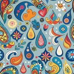 Naklejka premium seamless pattern of whimsical ogee shapes with whimsical doodles and illustrations, Generative AI