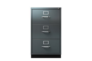 A Steel Grey File Cabinet With Three Drawers Ready for Organization on a Clear PNG or White Background.