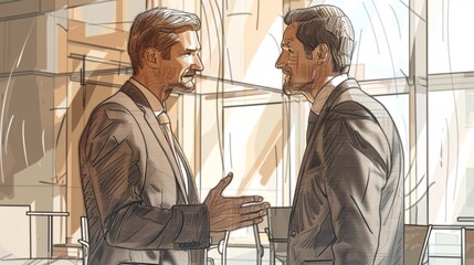 Two business partners exchanging strategic advice, illustrated with detailed 3D drawing techniques