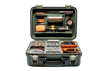 A Well-Stocked Fly Fishing Tackle Box Ready for a Day on the River on a Clear PNG or White Background.