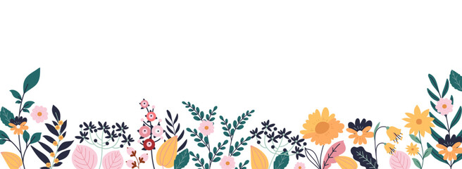 Hand drawn flowers on a white background, floral banner decorated with multicolored wild flowers and leaves.
