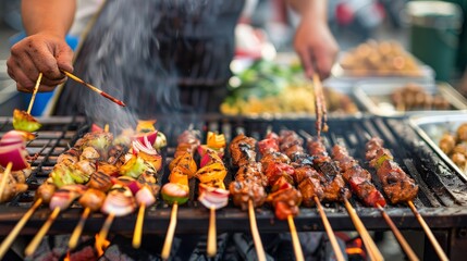 Naklejka premium Street market with food vendors grilling skewers, delicious aroma filling the air