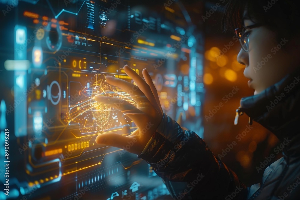 Aufkleber futuristic technology: user engaging with holographic smartphone interface in dynamic lighting