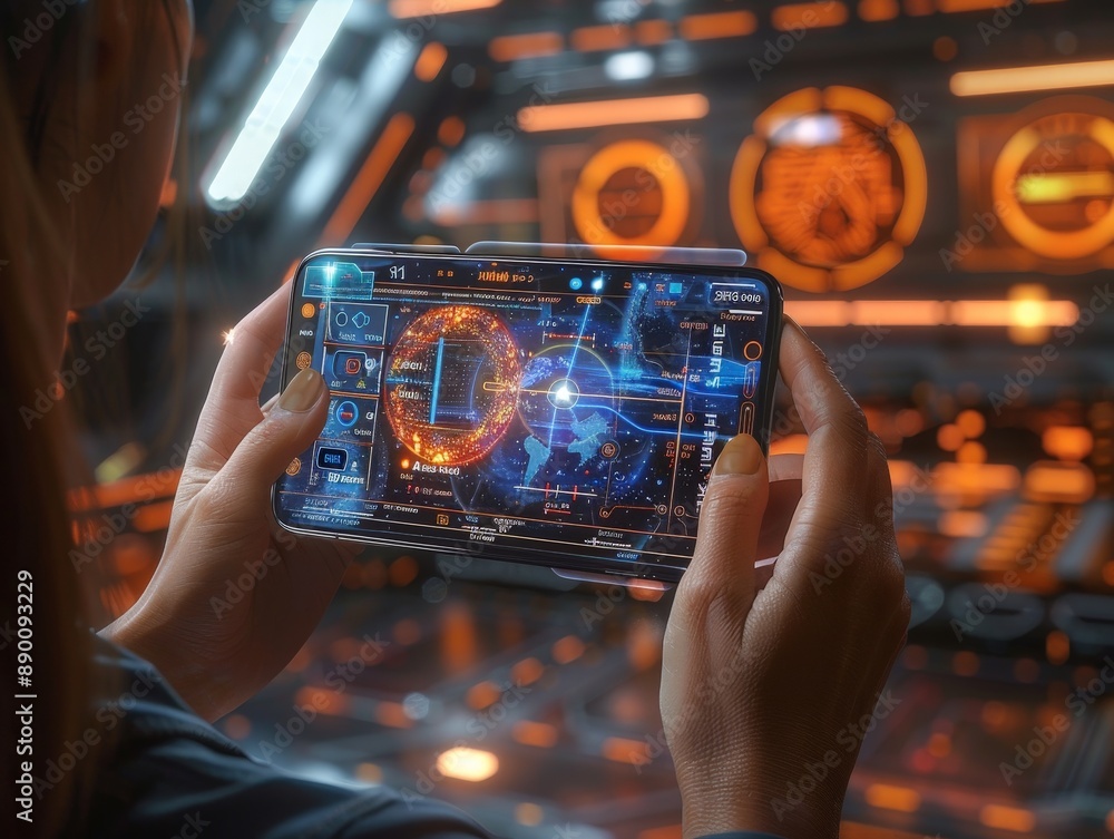 Poster futuristic smartphone with realistic holographic effects and dynamic lighting in a modern setting