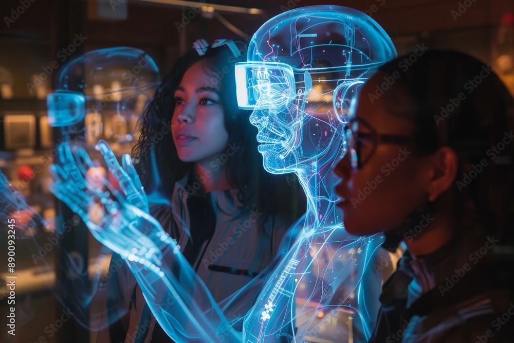 Poster futuristic technology: diverse users interacting with smartphone's holographic interface in dynamic 