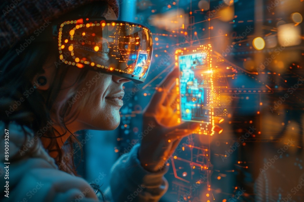 Aufkleber embracing futuristic technology - diverse users interacting with holographic smartphone interface un