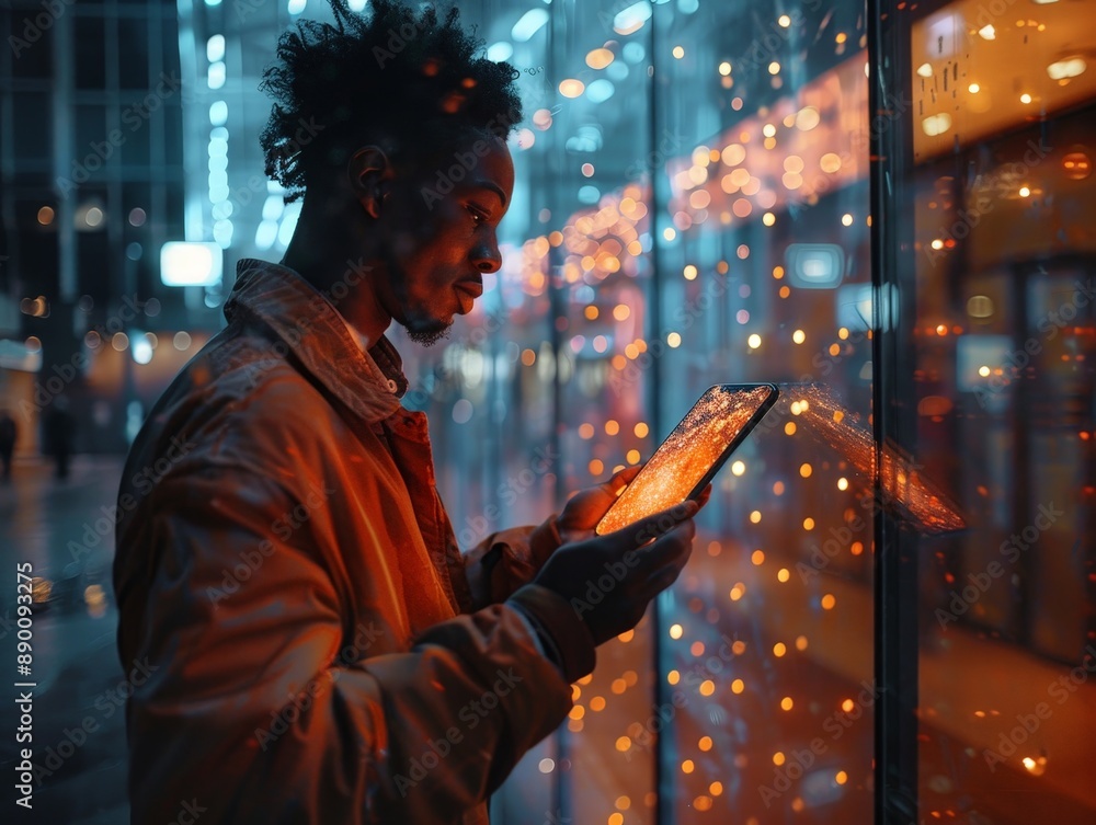 Poster futuristic technology: person using holographic smartphone in modern environment with dynamic lighti