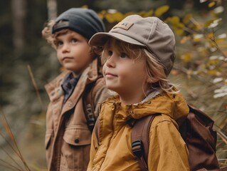 Fototapeta premium Young Explorers on Nature Trail Discovering Wildlife with Excitement
