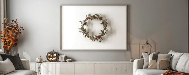 Sleek wall frame mockup adorned with a ghostly wreath in a high-end modern living room with sophisticated Halloween decor.