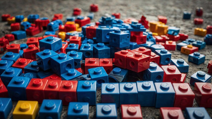 Obraz premium blocks building Plastic toy block, background wall frame empty brick structure, school play, kindergarten, childhood modern isolated blue stone architect