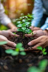 Hands Nurturing Young Plant in Soil - Teamwork and Environmental Conservation Concept