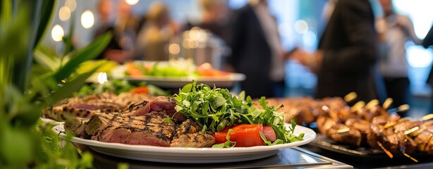 Elegant wedding or corporate event buffet with grilled meats and salads