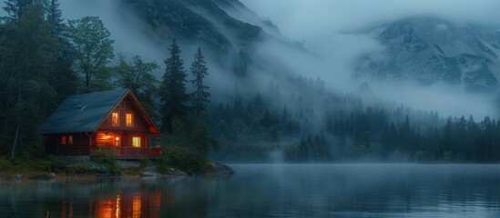 Fototapeta premium Cozy Cabin by Misty Mountain Lake at Dawn with Warm Lights and Serene Atmosphere