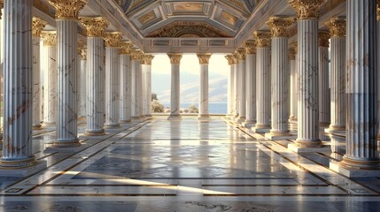 Corridor with Roman columns and bright light antique Greek or Roman architecture with massive columns