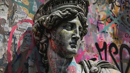 antique statue painted and painted with graffiti style inscriptions, modern art, street art
