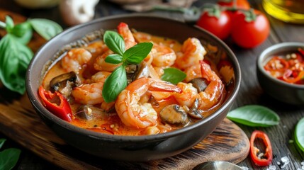 The national cuisine of Thailand. Thai curry with shrimp and mushrooms.