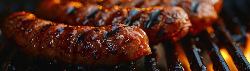 Grilled Sausages with Glaze on Barbecue Grill with Flames in Background