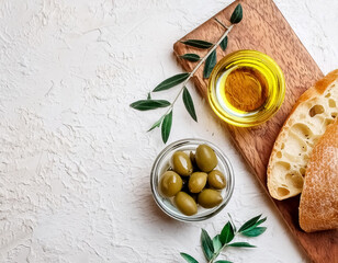 Fresh Olive Branch on White Marble Background