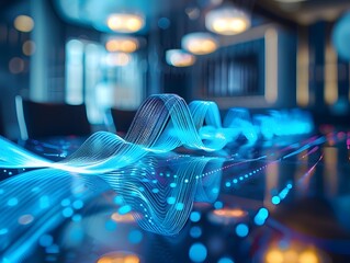 Digital Waveforms Overlaying a Business Meeting Scene Symbolizing the Flow of Information Technology Networking and Digital Communication in Business