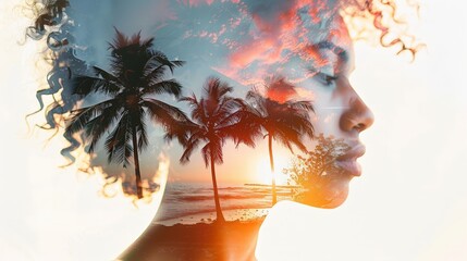 Double Exposure of Woman's Silhouette with Tropical Beach Sunset and Palm Trees