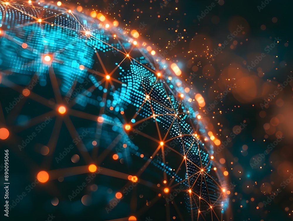 Poster holographic globe with network nodes and data points symbolizing global business connections and dig