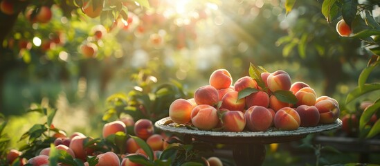 Freshly Harvested Peaches on a Plate in a Sunlit Orchard with Lush Green Foliage