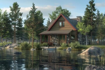 Obraz premium Serene Escape. Tranquil cottage on a serene landscape
