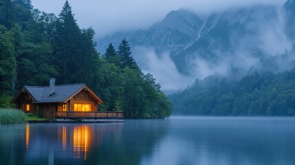 Naklejka premium Cozy Wooden Cabin by a Misty Mountain Lake at Dawn with Reflections and Soft Lighting