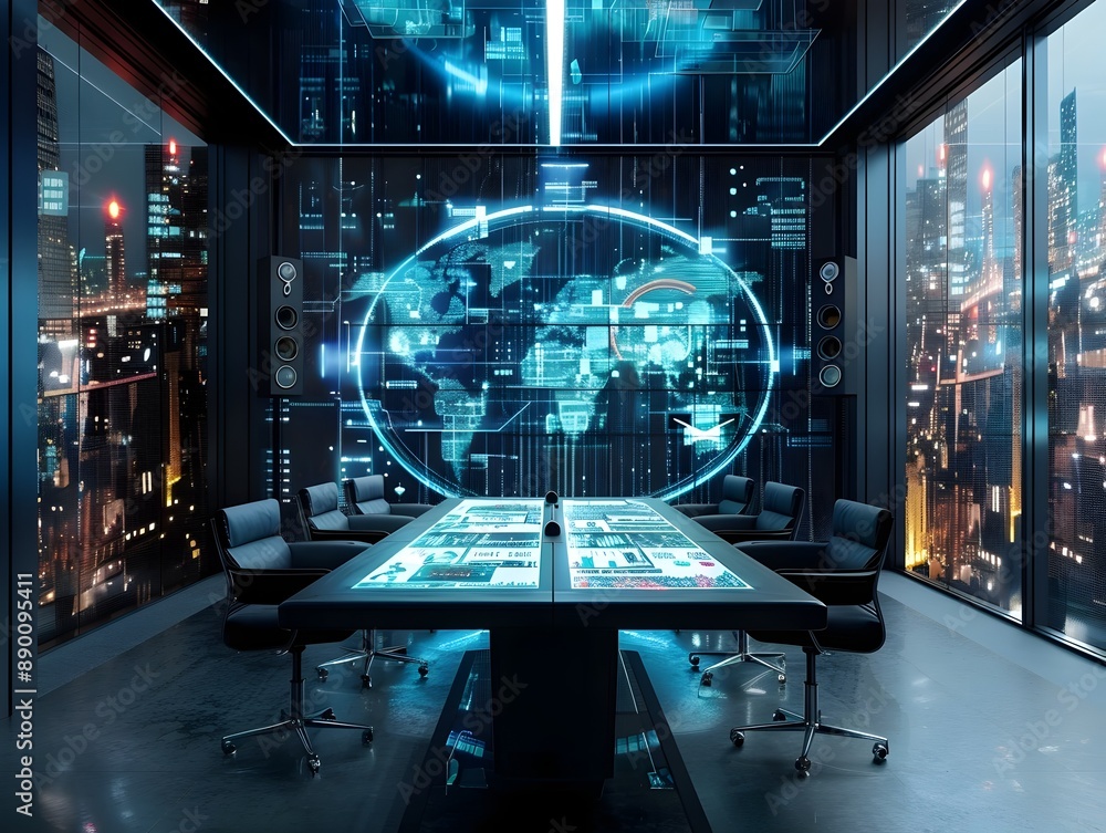 Poster futuristic virtual meeting room with holographic data visualization for business and technology netw