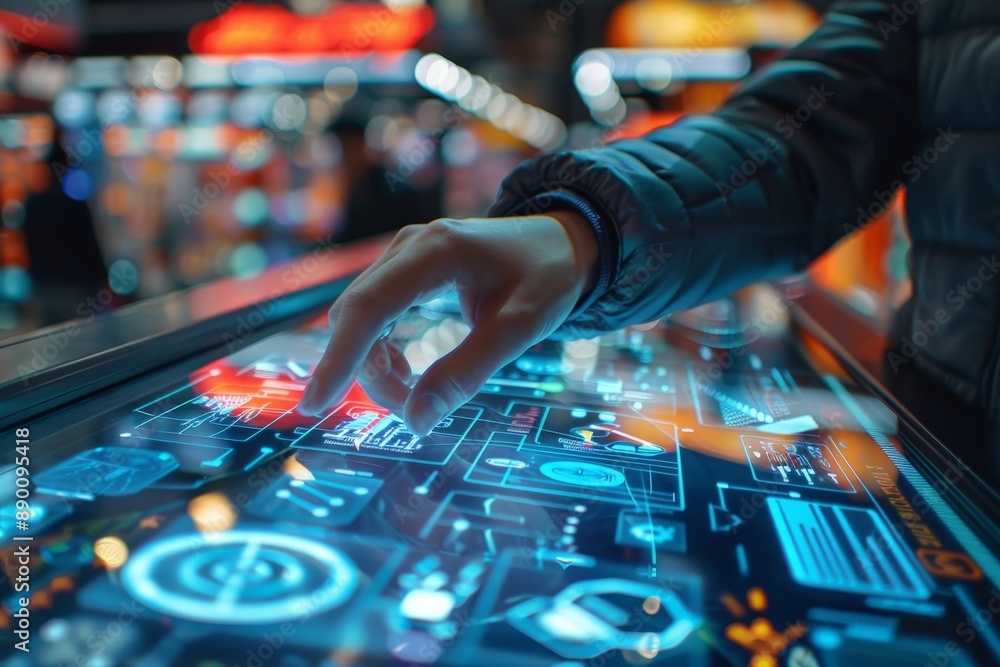 Poster futuristic shopping experience - close-up of customer using holographic interface with realistic dep