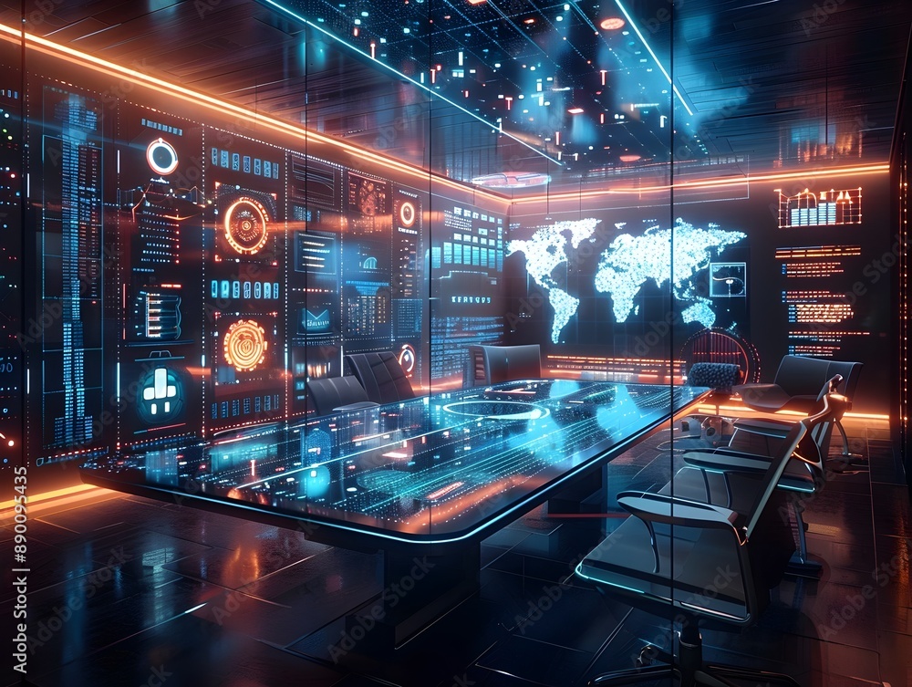 Poster futuristic virtual meeting room with floating holographic charts and data for technology networking 